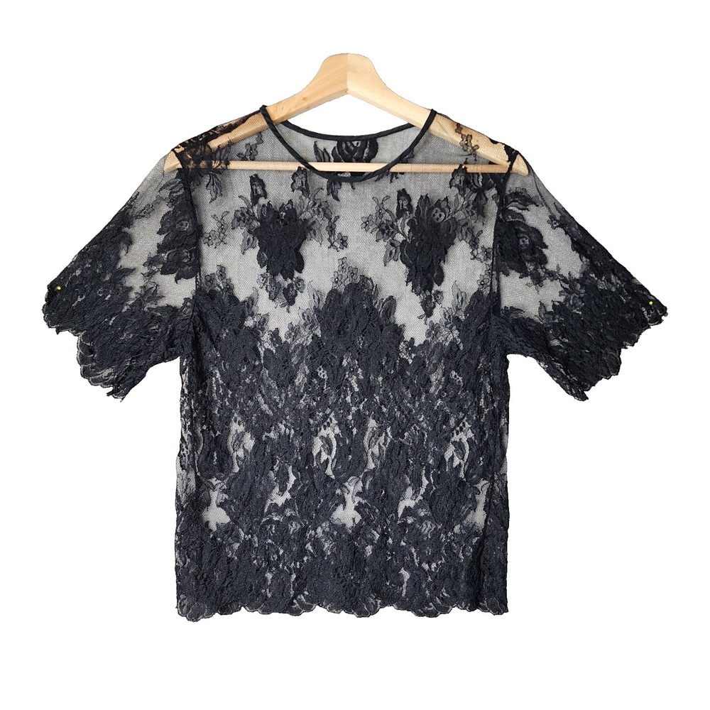 Y2K Witchy‎ Black Sheer Crop Lace Top M Romantic Whimsagoth Fairy Grunge
